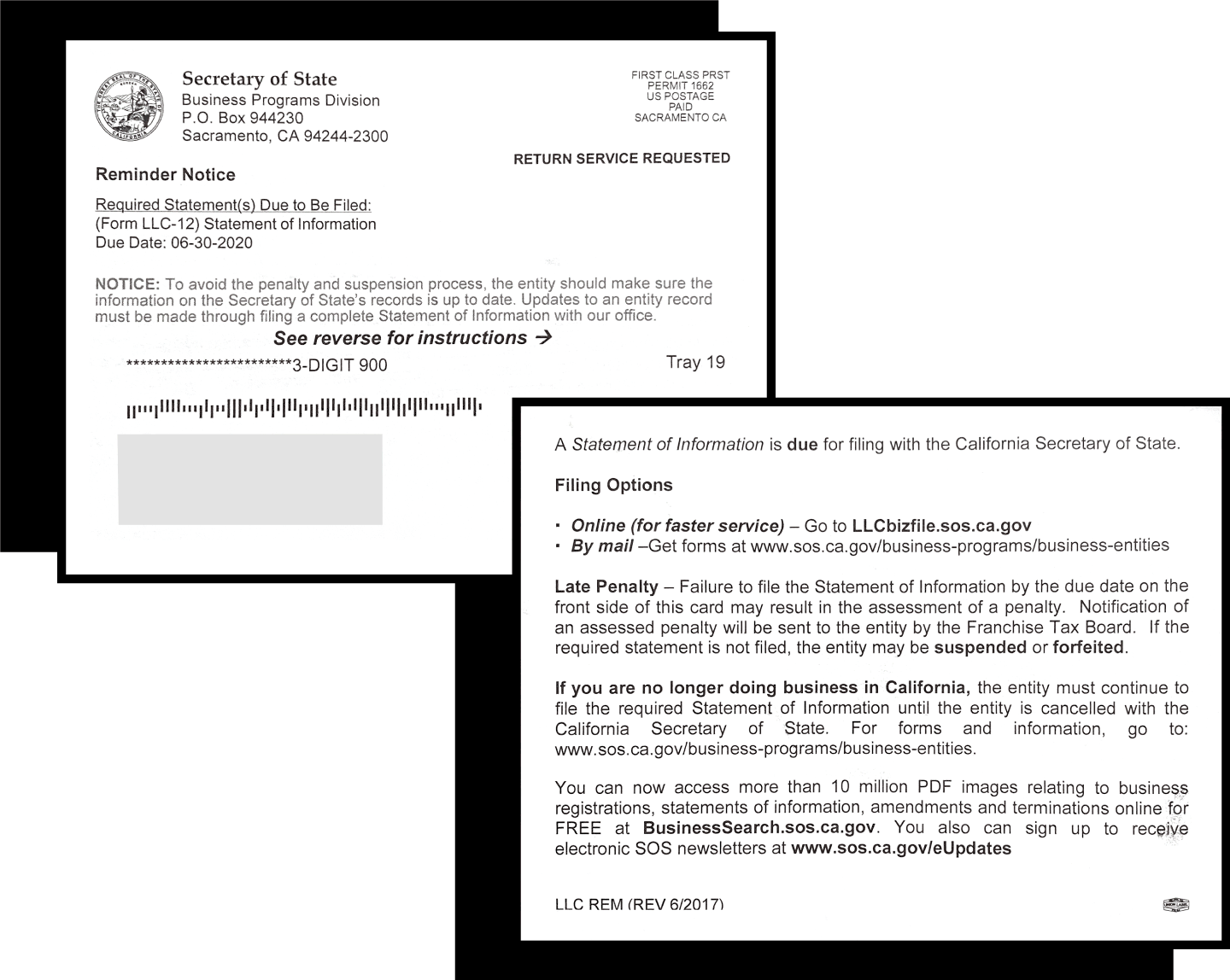 Reminder notice postcard - California Secretary of State - Statement of Information filing