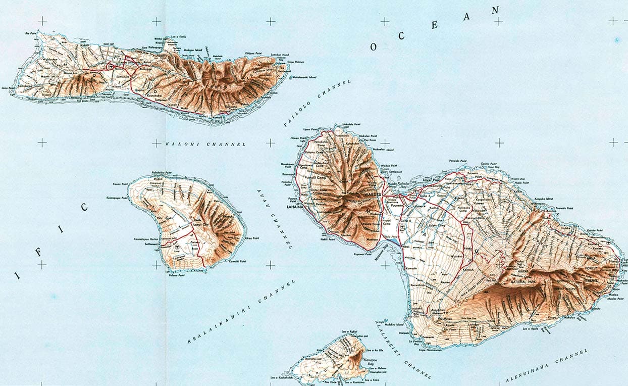 Topographic map of Moloka‘i, Maui, Kaho‘olawe, and Lanaʻi.
