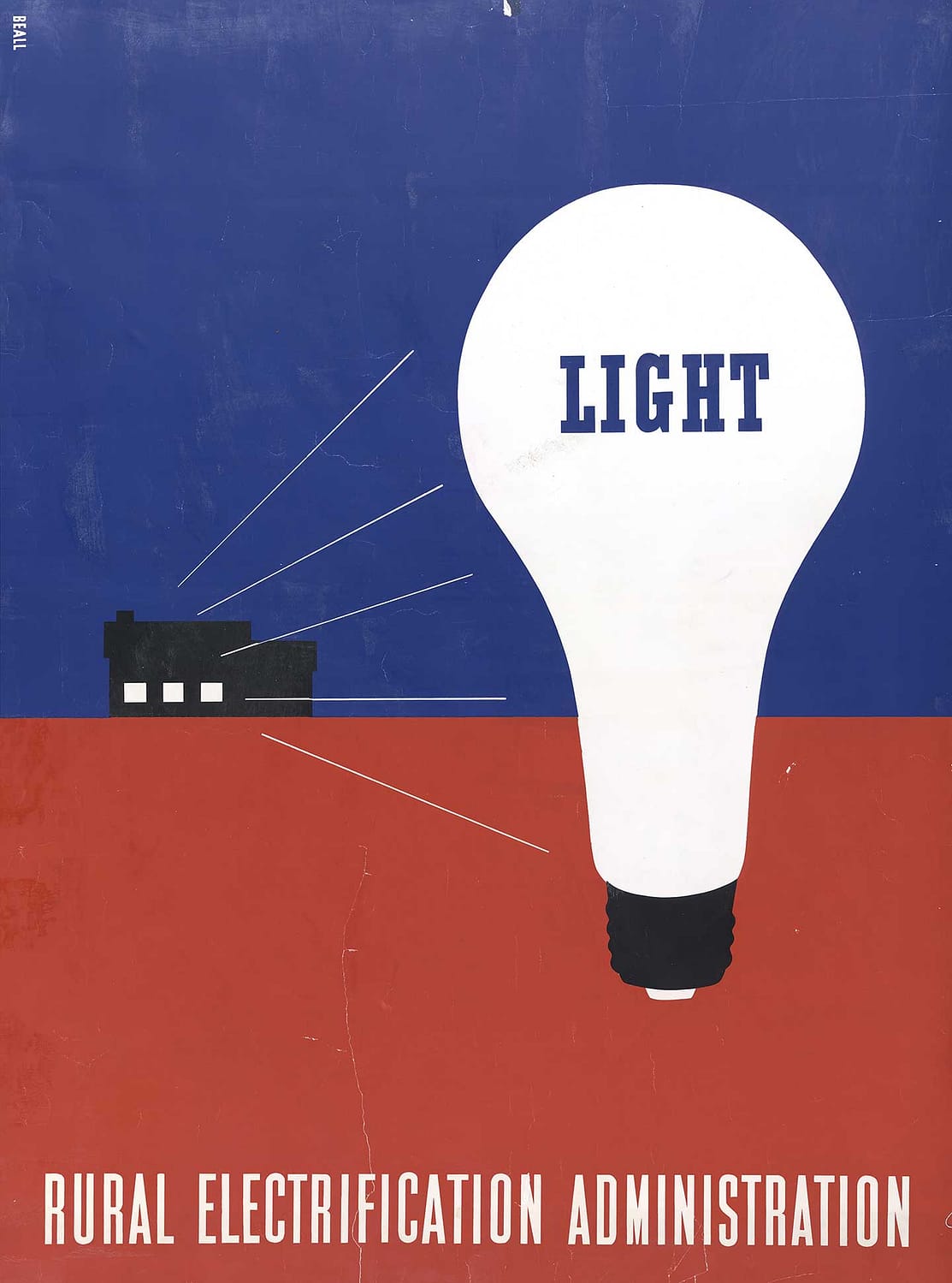 Poster shows a large, white lightbulb labeled "Light" and a farmhouse with light beaming from its windows.
